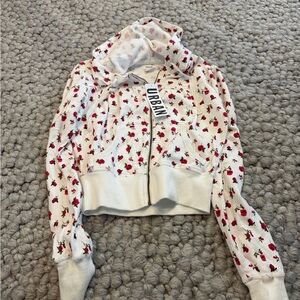 Kimchi Blue White Floral Zip Hoodie with Red Rose Print